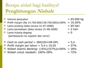 Berapa nisbah bagi hasilnya?
Penghitungan Nisbah:











Volume penjualan
Profit margin (Rp 14.750.000/139.750.000)x100%
Lama piutang (data neraca 31-07-2008)
Lama persediaan (data neraca 31-08-2008)
Lama hutang dagang
(pembayaran ke supplier dan carry)

=
=
=
=
=

65.000 kg
10.55%
65 hari
2 hari
0

Cash to cash period = 360/(DI+DR-DP)
Profit margin per tahun = 5,4 x 10,55
Nisbah Islamic Banking: (16%)/(57%)x100%
Nisbah untuk nasabah: 100%-28%

=
=
=
=

5,4
57%
28%
72%

 