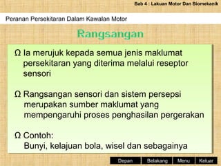 Bab 4 : Lakuan Motor Dan Biomekanik

Peranan Persekitaran Dalam Kawalan Motor
Periodisasi Latihan Dan Fasa-fasa Latihan

Ω Ia merujuk kepada semua jenis maklumat
Ω Ia merujuk kepada semua jenis maklumat
persekitaran yang diterima melalui reseptor
persekitaran yang diterima melalui reseptor
sensori
sensori
Ω Rangsangan sensori dan sistem persepsi
Ω Rangsangan sensori dan sistem persepsi
merupakan sumber maklumat yang
merupakan sumber maklumat yang
mempengaruhi proses penghasilan pergerakan
mempengaruhi proses penghasilan pergerakan
Ω Contoh:
Ω Contoh:
Bunyi, kelajuan bola, wisel dan sebagainya
Bunyi, kelajuan bola, wisel dan sebagainya
Depan

Belakang

Menu

Keluar

 