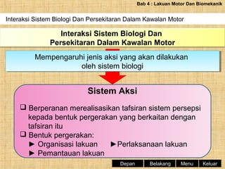 Bab 4 : Lakuan Motor Dan Biomekanik

Interaksi Sistem Biologi Dan Persekitaran Dalam Kawalan Motor

Interaksi Sistem Biologi Dan
Persekitaran Dalam Kawalan Motor
Mempengaruhi jenis aksi yang akan dilakukan
Mempengaruhi jenis aksi yang akan dilakukan
oleh sistem biologi
oleh sistem biologi

Sistem Aksi
 Berperanan merealisasikan tafsiran sistem persepsi
kepada bentuk pergerakan yang berkaitan dengan
tafsiran itu
 Bentuk pergerakan:
► Organisasi lakuan
►Perlaksanaan lakuan
► Pemantauan lakuan
Depan

Belakang

Menu

Keluar

 