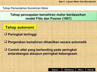 Bab 4 : Lakuan Motor Dan Biomekanik

Tahap Pemerolehan Kemahiran Motor

Tahap pencapaian kemahiran motor berdasarkan
model Fitts dan Posner (1957)

Tahap autonomi
 Peringkat tertinggi
 Pergerakan kemahiran dihasilkan secara automatik
 Contoh atlet yang bertanding pada peringkat
antarabangsa ataupun peringkat kebangsaan

Depan

Belakang

Menu

Keluar

 