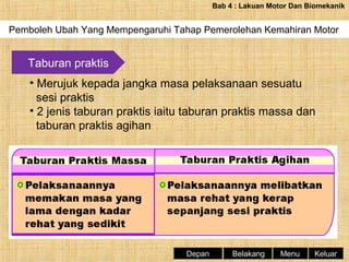 Bab 4 : Lakuan Motor Dan Biomekanik

Pemboleh Ubah Yang Mempengaruhi Tahap Pemerolehan Kemahiran Motor

Taburan praktis
• Merujuk kepada jangka masa pelaksanaan sesuatu
sesi praktis
• 2 jenis taburan praktis iaitu taburan praktis massa dan
taburan praktis agihan

Depan

Belakang

Menu

Keluar

 