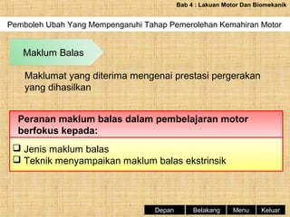 Bab 4 : Lakuan Motor Dan Biomekanik

Pemboleh Ubah Yang Mempengaruhi Tahap Pemerolehan Kemahiran Motor

Maklum Balas
Maklumat yang diterima mengenai prestasi pergerakan
yang dihasilkan
Peranan maklum balas dalam pembelajaran motor
berfokus kepada:
 Jenis maklum balas
 Teknik menyampaikan maklum balas ekstrinsik

Depan

Belakang

Menu

Keluar

 