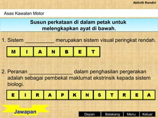 Aktiviti Kendiri

Asas Kawalan Motor

Susun perkataan di dalam petak untuk
Susun perkataan di dalam petak untuk
melengkapkan ayat di bawah.
melengkapkan ayat di bawah.
1. Sistem __________ merupakan sistem visual peringkat rendah.

2. Peranan _______________ dalam penghasilan pergerakan
adalah sebagai pembekal maklumat ekstrinsik kepada sistem
biologi.

Jawapan

Depan

Belakang

Menu

Keluar

 