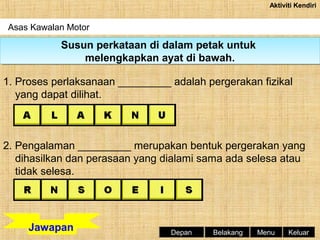 Aktiviti Kendiri

Asas Kawalan Motor

Susun perkataan di dalam petak untuk
Susun perkataan di dalam petak untuk
melengkapkan ayat di bawah.
melengkapkan ayat di bawah.
1. Proses perlaksanaan _________ adalah pergerakan fizikal
yang dapat dilihat.

2. Pengalaman _________ merupakan bentuk pergerakan yang
dihasilkan dan perasaan yang dialami sama ada selesa atau
tidak selesa.

Jawapan

Depan

Belakang

Menu

Keluar

 