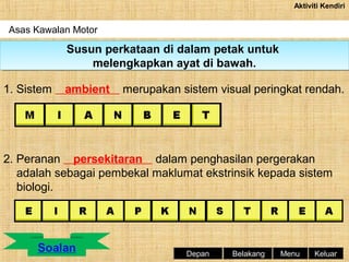 Aktiviti Kendiri

Asas Kawalan Motor

Susun perkataan di dalam petak untuk
Susun perkataan di dalam petak untuk
melengkapkan ayat di bawah.
melengkapkan ayat di bawah.
1. Sistem

ambient

merupakan sistem visual peringkat rendah.

2. Peranan persekitaran dalam penghasilan pergerakan
adalah sebagai pembekal maklumat ekstrinsik kepada sistem
biologi.

Depan

Belakang

Menu

Keluar

 