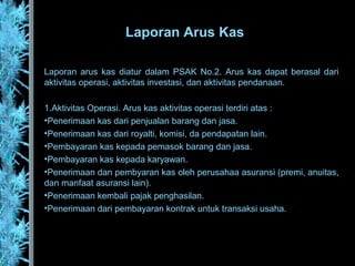 Laporan Arus Kas
Laporan arus kas diatur dalam PSAK No.2. Arus kas dapat berasal dari
aktivitas operasi, aktivitas investasi, dan aktivitas pendanaan.
1.Aktivitas Operasi. Arus kas aktivitas operasi terdiri atas :
•Penerimaan kas dari penjualan barang dan jasa.
•Penerimaan kas dari royalti, komisi, da pendapatan lain.
•Pembayaran kas kepada pemasok barang dan jasa.
•Pembayaran kas kepada karyawan.
•Penerimaan dan pembyaran kas oleh perusahaa asuransi (premi, anuitas,
dan manfaat asuransi lain).
•Penerimaan kembali pajak penghasilan.
•Penerimaan dari pembayaran kontrak untuk transaksi usaha.
 