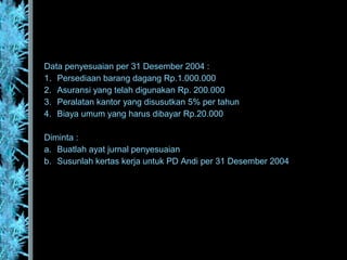 Data penyesuaian per 31 Desember 2004 :
1. Persediaan barang dagang Rp.1.000.000
2. Asuransi yang telah digunakan Rp. 200.000
3. Peralatan kantor yang disusutkan 5% per tahun
4. Biaya umum yang harus dibayar Rp.20.000
Diminta :
a. Buatlah ayat jurnal penyesuaian
b. Susunlah kertas kerja untuk PD Andi per 31 Desember 2004
 