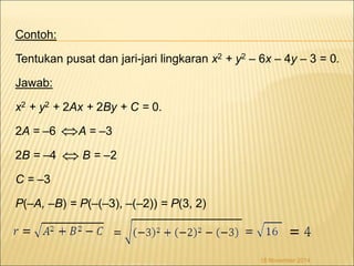 Contoh: 
Tentukan pusat dan jari-jari lingkaran x2 + y2 – 6x – 4y – 3 = 0. 
Jawab: 
x2 + y2 + 2Ax + 2By + C = 0. 
 
2A = –6 A = –3 
2B = –4 B = –2 
C = –3 
P(–A, –B) = P(–(–3), –(–2)) = P(3, 2) 
18 November 2014 
 
 