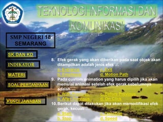 SMP NEGERI 18 
SEMARANG 
SK DAN KD 
INDIKATOR 
MATERI 
SOAL PERTANYAAN 
8. Efek gerak yang akan diberikan pada saat objek akan 
ditampilkan adalah jenis efek … 
a. Entrance c. Exit 
b. Emphasis d. Motion Path 
9. Pada custom animation yang harus dipilih jika akan 
memulai animasi setelah efek gerak sebelumnya 
adalah … 
a. With Previous c. Before Previous 
b. After Previous d. On Click 
10.Berikut dapat dilakukan jika akan memodifikasi efek 
gerak, kecuali … 
a. Start c. Direction 
b. Stop d. Speed 
KUNCI JAWABAN 
 