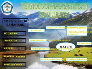 SMP NEGERI 18 
SEMARANG 
SK DAN KD 
INDIKATOR 
MATERI 
MENGATUR EFEK PERPINDAHAN SLIDE 
MENGATUR ANIMASI DALAM 
PRESENTASI BERJALAN SECARA 
OTOMATIS 
MENAMBAH ANIMASI MATERI 
HYPERLINK 
MENAMBAHKAN FILE VIDEO KE DALAM SLIDE 
MENAMBAHKAN FILE SOUND KE DALAM SLIDE 
SOAL PERTANYAAN 
MEMPRESENTASIKAN POWERM PEONIANMTPILKAN BERULANG - KUNCI JAWABAN 
 