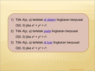 1) Titik A(p, q) terletak di dalam lingkaran berpusat 
O(0, 0) jika x2 + y2 < r2. 
2) Titik A(p, q) terletak pada lingkaran berpusat 
O(0, 0) jika x2 + y2 = r2. 
3) Titik A(p, q) terletak di luar lingkaran berpusat 
O(0, 0) jika x2 + y2 > r2. 
November 26, 2014 
 