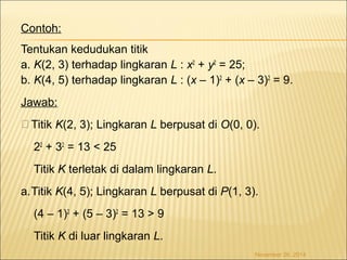 Contoh: 
Tentukan kedudukan titik 
a. K(2, 3) terhadap lingkaran L : x2 + y2 = 25; 
b. K(4, 5) terhadap lingkaran L : (x – 1)2 + (x – 3)2 = 9. 
Jawab: 
Titik K(2, 3); Lingkaran L berpusat di O(0, 0). 
22 + 32 = 13 < 25 
Titik K terletak di dalam lingkaran L. 
a.Titik K(4, 5); Lingkaran L berpusat di P(1, 3). 
(4 – 1)2 + (5 – 3)2 = 13 > 9 
Titik K di luar lingkaran L. 
November 26, 2014 
 