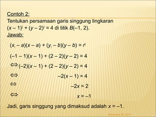 Contoh 2: 
Tentukan persamaan garis singgung lingkaran 
(x – 1)2 + (y – 2)2 = 4 di titik B(–1, 2). 
Jawab: 
(x1 – a)(x – a) + (y1 – b)(y – b) = r2 
(–1 – 1)(x – 1) + (2 – 2)(y – 2) = 4 
(–2)(x – 1) + (2 – 2)(y – 2) = 4 
–2(x – 1) = 4 
–2x = 2 
x = –1 
Û 
Û 
Û 
Jadi, garis singgung yang dimaksud adalah x = –1. 
November 26, 2014 
Û 
 