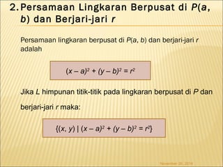2. Persamaan Lingkaran Berpusat di P(a, 
b) dan Berjari-jari r 
Persamaan lingkaran berpusat di P(a, b) dan berjari-jari r 
adalah 
Jika L himpunan titik-titik pada lingkaran berpusat di P dan 
berjari-jari r maka: 
November 26, 2014 
(x – a)2 + (y – b)2 = r2 
{(x, y) | (x – a)2 + (y – b)2 = r2} 
 