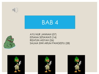 BAB 4 
AYU NUR JANNAH (07) 
ISTIANA SETIAWATI (14) 
RIZATUN AISYAH (26) 
SALMA SIWI ARUM PANGESTU (28) 
 