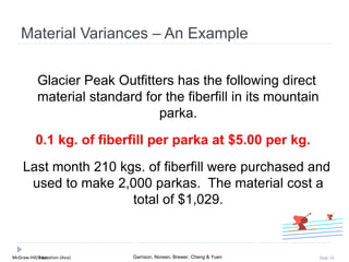 McGraw-Hill Education (Asia) Garrison, Noreen, Brewer, Cheng & YuenMcGraw-Hill/Irwin Slide 24
Glacier Peak Outfitters has the following direct
material standard for the fiberfill in its mountain
parka.
0.1 kg. of fiberfill per parka at $5.00 per kg.
Last month 210 kgs. of fiberfill were purchased and
used to make 2,000 parkas. The material cost a
total of $1,029.
Material Variances – An Example
 