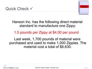 McGraw-Hill Education (Asia) Garrison, Noreen, Brewer, Cheng & YuenMcGraw-Hill/Irwin Slide 34
Hanson Inc. has the following direct material
standard to manufacture one Zippy:
1.5 pounds per Zippy at $4.00 per pound
Last week, 1,700 pounds of material were
purchased and used to make 1,000 Zippies. The
material cost a total of $6,630.
Zippy
Quick Check 
 
