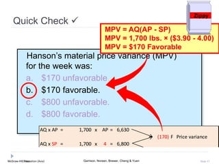 McGraw-Hill Education (Asia) Garrison, Noreen, Brewer, Cheng & YuenMcGraw-Hill/Irwin Slide 37
Hanson’s material price variance (MPV)
for the week was:
a. $170 unfavorable.
b. $170 favorable.
c. $800 unfavorable.
d. $800 favorable.
MPV = AQ(AP - SP)
MPV = 1,700 lbs. × ($3.90 - 4.00)
MPV = $170 Favorable
Quick Check 
Zippy
AQ x AP = 1,700 x AP = 6,630
(170) F Price variance
AQ x SP = 1,700 x 4 = 6,800
 