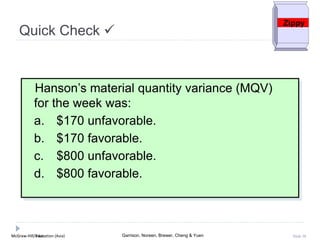 McGraw-Hill Education (Asia) Garrison, Noreen, Brewer, Cheng & YuenMcGraw-Hill/Irwin Slide 38
Quick Check 
Hanson’s material quantity variance (MQV)
for the week was:
a. $170 unfavorable.
b. $170 favorable.
c. $800 unfavorable.
d. $800 favorable.
Zippy
 