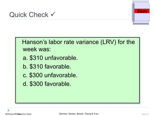 McGraw-Hill Education (Asia) Garrison, Noreen, Brewer, Cheng & YuenMcGraw-Hill/Irwin Slide 56
Hanson’s labor rate variance (LRV) for the
week was:
a. $310 unfavorable.
b. $310 favorable.
c. $300 unfavorable.
d. $300 favorable.
Quick Check 
Zippy
 