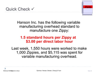 McGraw-Hill Education (Asia) Garrison, Noreen, Brewer, Cheng & YuenMcGraw-Hill/Irwin Slide 68
Hanson Inc. has the following variable
manufacturing overhead standard to
manufacture one Zippy:
1.5 standard hours per Zippy at
$3.00 per direct labor hour
Last week, 1,550 hours were worked to make
1,000 Zippies, and $5,115 was spent for
variable manufacturing overhead.
Zippy
Quick Check 
 