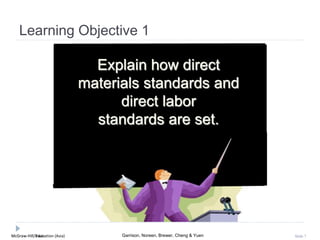 McGraw-Hill Education (Asia) Garrison, Noreen, Brewer, Cheng & YuenMcGraw-Hill/Irwin Slide 7
Learning Objective 1
Explain how direct
materials standards and
direct labor
standards are set.
 