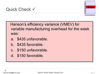McGraw-Hill Education (Asia) Garrison, Noreen, Brewer, Cheng & YuenMcGraw-Hill/Irwin Slide 72
Hanson’s efficiency variance (VMEV) for
variable manufacturing overhead for the week
was:
a. $435 unfavorable.
b. $435 favorable.
c. $150 unfavorable.
d. $150 favorable.
Quick Check 
Zippy
 