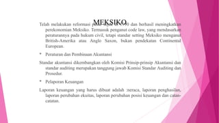 MEKSIKOTelah melakukan reformasi pasar sejak th 1990 dan berhasil meningkatkan
perekonomian Meksiko. Termasuk penganut cod...