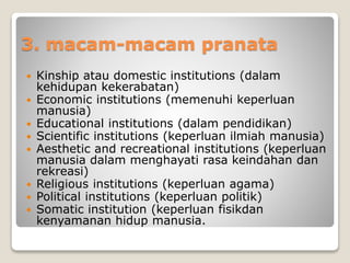 3. macam-macam pranata
 Kinship atau domestic institutions (dalam
kehidupan kekerabatan)
 Economic institutions (memenuhi keperluan
manusia)
 Educational institutions (dalam pendidikan)
 Scientific institutions (keperluan ilmiah manusia)
 Aesthetic and recreational institutions (keperluan
manusia dalam menghayati rasa keindahan dan
rekreasi)
 Religious institutions (keperluan agama)
 Political institutions (keperluan politik)
 Somatic institution (keperluan fisikdan
kenyamanan hidup manusia.
 