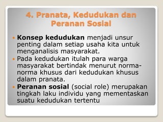 4. Pranata, Kedudukan dan
Peranan Sosial
 Konsep kedudukan menjadi unsur
penting dalam setiap usaha kita untuk
menganalisis masyarakat.
 Pada kedudukan itulah para warga
masyarakat bertindak menurut norma-
norma khusus dari kedudukan khusus
dalam pranata.
 Peranan sosial (social role) merupakan
tingkah laku individu yang mementaskan
suatu kedudukan tertentu
 