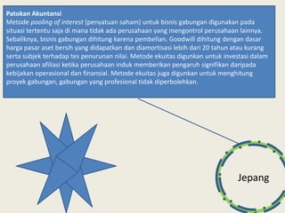 Jepang
Patokan Akuntansi
Metode pooling of interest (penyatuan saham) untuk bisnis gabungan digunakan pada
situasi tertentu saja di mana tidak ada perusahaan yang mengontrol perusahaan lainnya.
Sebaliknya, bisnis gabungan dihitung karena pembelian. Goodwill dihitung dengan dasar
harga pasar aset bersih yang didapatkan dan diamortisasi lebih dari 20 tahun atau kurang
serta subjek terhadap tes penurunan nilai. Metode ekuitas digunkan untuk investasi dalam
perusahaan afiliasi ketika perusahaan induk memberikan pengaruh signifikan daripada
kebijakan operasional dan finansial. Metode ekuitas juga digunkan untuk menghitung
proyek gabungan, gabungan yang profesional tidak diperbolehkan.
 