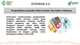 STANDAR 4.5
Pengendalian penyakit tidak menular dan faktor risikonya
Puskesmas melaksanakan pengendalian
penyakit tidak menular utama yang
meliputi hipertensi, diabetes mellitus,
kanker payudara dan leher rahim,
Pengguna layanan Rujuk Balik (PRB)
Penyakit Tidak Menular (PTM) dan
penyakit katastropik lainnya sesuai
kompetensi di tingkat primer, serta
penanganan faktor risiko PTM.
 