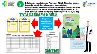 Dilakukan tata laksana Penyakit Tidak Menular secara
terpadu mulai dari diagnosis, pengobatan,
pemantauan, evaluasi, dan tindak lanjut sesuai dengan
panduan praktik klinis dan algoritma pelayanan PTM
oleh tenaga kesehatan yang berkompeten (R, D, O, W).
5
REKAM MEDIS
Diagnosis
Pengobatan
Pemantauan
Evaluasi
Tindak Lanjut
REGISTER LABORATORIUM
REKAM MEDIS
Panduan
Wawancara
 