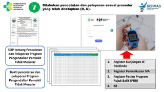 Dilakukan pencatatan dan pelaporan sesuai prosedur
yang telah ditetapkan (R, D).
1. Register Kunjungan di
Posbindu
2. Register Pemeriksaan IVA
3. Register Pasien Program
Rujuk Balik (PRB)
4. dll
7
SOP tentang Pencatatan
dan Pelaporan Program
Pengendalian Penyakit
Tidak Menular
Bukti pencatatan dan
pelaporan Program
Pengendalian Penyakit
Tidak Menular
 