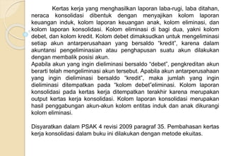 Modul
ke:
Kertas kerja yang menghasilkan laporan laba-rugi, laba ditahan,
neraca konsolidasi dibentuk dengan menyajikan kolom laporan
keuangan induk, kolom laporan keuangan anak, kolom eliminasi, dan
kolom laporan konsolidasi. Kolom eliminasi di bagi dua, yakni kolom
debet, dan kolom kredit. Kolom debet dimaksudkan untuk mengeliminasi
setiap akun antarperusahaan yang bersaldo “kredit”, karena dalam
akuntansi pengeliminasian atau penghapusan suatu akun dilakukan
dengan membalik posisi akun.
Apabila akun yang ingin dieliminasi bersaldo “debet”, pengkreditan akun
berarti telah mengeliminasi akun tersebut. Apabila akun antarperusahaan
yang ingin dieliminasi bersaldo “kredit”, maka jumlah yang ingin
dieliminasi ditempatkan pada “kolom debet”eliminasi. Kolom laporan
konsolidasi pada kertas kerja ditempatkan terakhir karena merupakan
output kertas kerja konsolidasi. Kolom laporan konsolidasi merupakan
hasil penggabungan akun-akun kolom entitas induk dan anak dikurangi
kolom eliminasi.
Disyaratkan dalam PSAK 4 revisi 2009 paragraf 35. Pembahasan kertas
kerja konsolidasi dalam buku ini dilakukan dengan metode ekuitas.
 