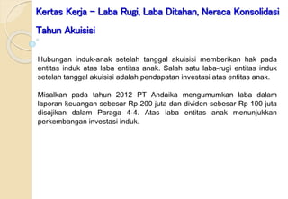 Modul
ke:
Kertas Kerja – Laba Rugi, Laba Ditahan, Neraca Konsolidasi
Tahun Akuisisi
Hubungan induk-anak setelah tanggal akuisisi memberikan hak pada
entitas induk atas laba entitas anak. Salah satu laba-rugi entitas induk
setelah tanggal akuisisi adalah pendapatan investasi atas entitas anak.
Misalkan pada tahun 2012 PT Andaika mengumumkan laba dalam
laporan keuangan sebesar Rp 200 juta dan dividen sebesar Rp 100 juta
disajikan dalam Paraga 4-4. Atas laba entitas anak menunjukkan
perkembangan investasi induk.
 