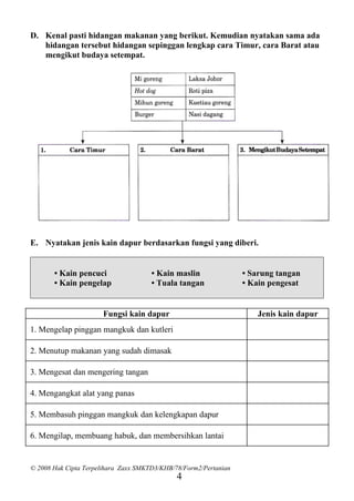 D. Kenal pasti hidangan makanan yang berikut. Kemudian nyatakan sama ada
   hidangan tersebut hidangan sepinggan lengkap cara Timur, cara Barat atau
   mengikut budaya setempat.




E. Nyatakan jenis kain dapur berdasarkan fungsi yang diberi.


       • Kain pencuci                 • Kain maslin               • Sarung tangan
       • Kain pengelap                • Tuala tangan              • Kain pengesat


                      Fungsi kain dapur                              Jenis kain dapur
1. Mengelap pinggan mangkuk dan kutleri

2. Menutup makanan yang sudah dimasak

3. Mengesat dan mengering tangan

4. Mengangkat alat yang panas

5. Membasuh pinggan mangkuk dan kelengkapan dapur

6. Mengilap, membuang habuk, dan membersihkan lantai


© 2008 Hak Cipta Terpelihara Zaxx SMKTD3/KHB/78/Form2/Pertanian
                                              4
 