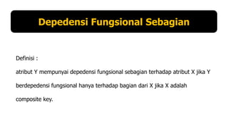 Depedensi Fungsional Sebagian

Definisi :
atribut Y mempunyai depedensi fungsional sebagian terhadap atribut X jika Y
berdepedensi fungsional hanya terhadap bagian dari X jika X adalah
composite key.

 