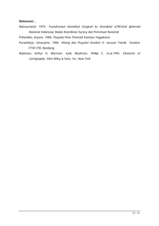 Referensi :
Bakosurtanal. 1979. Transformasi Koordinat Geografi ke Koordinat UTM-Grid Spheroid

Nasional Indonesia. Badan Koordinasi Survey dan Pemetaan Nasional
Prihandito, Aryono. 1988. Proyeksi Peta. Penerbit Kanisius Yogyakarta
Purwoharjo, Umaryono. 1986. Hitung dan Proyeksi Geodesi II. Jurusan Teknik

Geodesi

FTSP-ITB, Bandung
Robinson, Arthur H, Morrison, Joell, Muehrcke, Phillip C, et.al.1995. Elements of

Cartography. John Wiley & Sons, Inc. New York

IV - 10

 