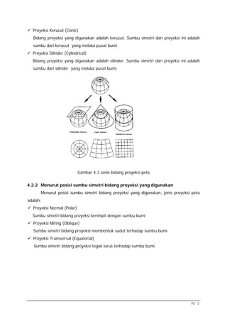 Proyeksi Kerucut (Conic)
Bidang proyeksi yang digunakan adalah kerucut. Sumbu simetri dari proyeksi ini adalah
sumbu dari kerucut yang melalui pusat bumi.
Proyeksi Silinder (Cylindrical)
Bidang proyeksi yang digunakan adalah silinder. Sumbu simetri dari proyeksi ini adalah
sumbu dari silinder yang melalui pusat bumi.

Gambar 4.3 Jenis bidang proyeksi peta
4.2.2 Menurut posisi sumbu simetri bidang proyeksi yang digunakan
Menurut posisi sumbu simetri bidang proyeksi yang digunakan, jenis proyeksi peta
adalah:
Proyeksi Normal (Polar)
Sumbu simetri bidang proyeksi berimpit dengan sumbu bumi
Proyeksi Miring (Oblique)
Sumbu simetri bidang proyeksi membentuk sudut terhadap sumbu bumi
Proyeksi Transversal (Equatorial)
Sumbu simetri bidang proyeksi tegak lurus terhadap sumbu bumi

IV - 3

 
