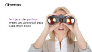 Observasi
Peninjauan dan penilaian
tentang apa yang terjadi pada
suatu proses bisnis
 