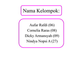 Nama Kelompok:
Aufar Rafdi (06)
Cornelia Raras (08)
Dicky Armansyah (09)
Nindya Nopsi A (27)
 