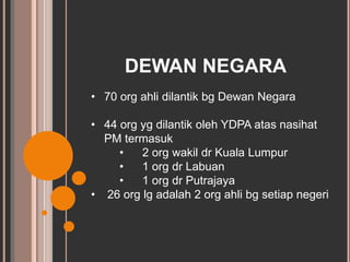 DEWAN NEGARA 
• 70 org ahli dilantik bg Dewan Negara 
• 44 org yg dilantik oleh YDPA atas nasihat 
PM termasuk 
• 2 org wakil dr Kuala Lumpur 
• 1 org dr Labuan 
• 1 org dr Putrajaya 
• 26 org lg adalah 2 org ahli bg setiap negeri 
 