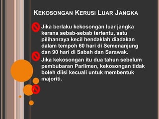KEKOSONGAN KERUSI LUAR JANGKA 
Jika berlaku kekosongan luar jangka 
kerana sebab-sebab tertentu, satu 
pilihanraya kecil hendaklah diadakan 
dalam tempoh 60 hari di Semenanjung 
dan 90 hari di Sabah dan Sarawak. 
Jika kekosongan itu dua tahun sebelum 
pembubaran Parlimen, kekosongan tidak 
boleh diisi kecuali untuk membentuk 
majoriti. 
 