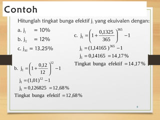 Contoh 
Hitunglah tingkat bunga efektif j1 yang ekuivalen dengan: 
a. j2 = 10% 
b. j12 = 12% 
c. j365 = 13,25% 
b. j = æ 1 + 
0,12 
ö 12 
çè 
12 
12 
1 
= - 
- ÷ø 
j (1,01) 1 
1 
1 
= = 
j 0,126825 12,68% 
1 
= 
c. j 1 0,1325 
ö çè= æ + 
= - 
j (1,14165 ) 1 
j 0,14165 14 ,17% 
Tingkat bunga efektif 14 ,17% 
Tingkat bunga efektif 12,68% 
1 
365 
1 
365 
1 
365 
1 
= 
= = 
- ÷ø 
8 
 
