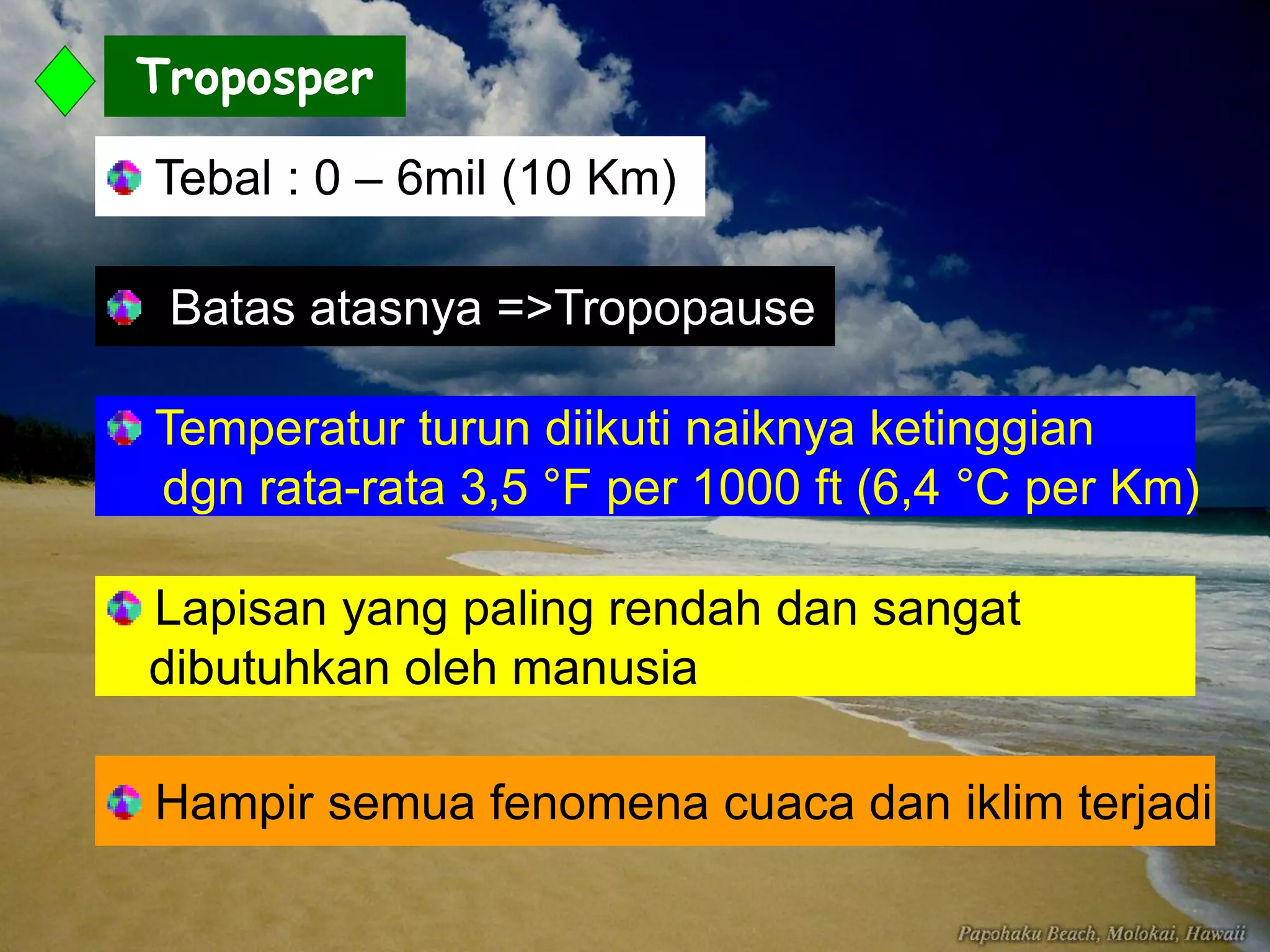 Troposper Temperatur turun diikuti naiknya ketinggian dgn rata-rata 3,5 °F per 1000 ft (6,4 °C per Km) Tebal : 0 – 6mil (10 Km) Batas atasnya =>Tropopause Lapisan yang paling rendah dan sangat dibutuhkan oleh manusia Hampir semua fenomena cuaca dan iklim terjadi  