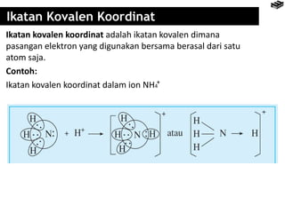 Ikatan Kovalen Koordinat 
Ikatan kovalen koordinat adalah ikatan kovalen dimana 
pasangan elektron yang digunakan bersama berasal dari satu 
atom saja. 
Contoh: 
Ikatan kovalen koordinat dalam ion NH4 
+ 
 