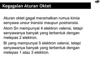 Kegagalan Aturan Oktet 
Aturan oktet gagal meramalkan rumus kimia 
senyawa unsur transisi maupun postransisi. 
Atom Sn mempunyai 4 elektron valensi, tetapi 
senyawanya banyak yang terbentuk dengan 
melepas 2 elektron. 
Bi yang mempunyai 5 elektron valensi, tetapi 
senyawanya banyak yang terbentuk dengan 
melepas 1 atau 3 elektron. 
 