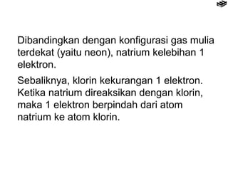 Dibandingkan dengan konfigurasi gas mulia 
terdekat (yaitu neon), natrium kelebihan 1 
elektron. 
Sebaliknya, klorin kekurangan 1 elektron. 
Ketika natrium direaksikan dengan klorin, 
maka 1 elektron berpindah dari atom 
natrium ke atom klorin. 
 