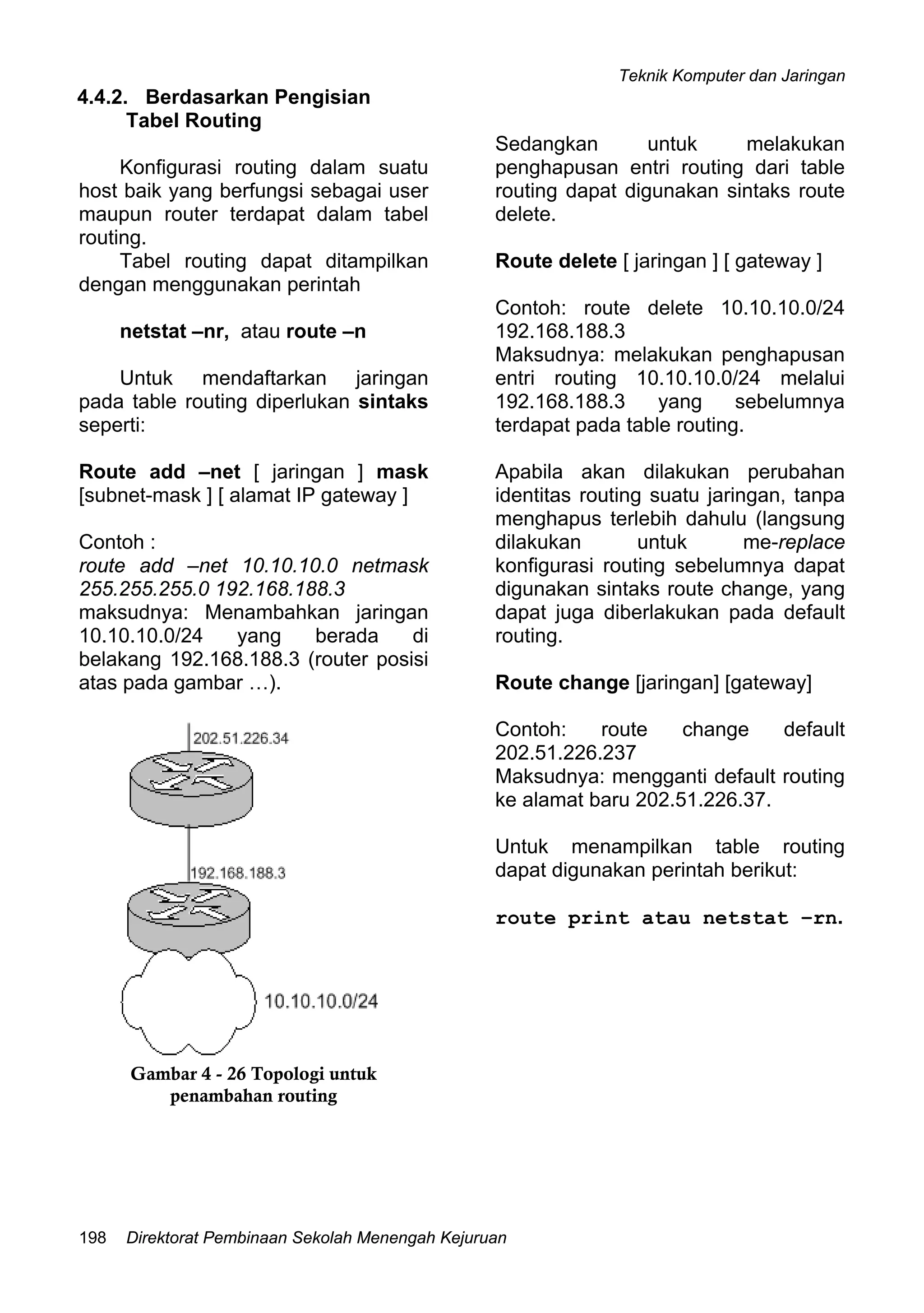 Teknik Komputer dan Jaringan
Direktorat Pembinaan Sekolah Menengah Kejuruan198
4.4.2. Berdasarkan Pengisian
Tabel Routing
Sedangkan untuk melakukan
penghapusan entri routing dari table
routing dapat digunakan sintaks route
delete.
Konfigurasi routing dalam suatu
host baik yang berfungsi sebagai user
maupun router terdapat dalam tabel
routing.
Route delete [ jaringan ] [ gateway ]Tabel routing dapat ditampilkan
dengan menggunakan perintah
Contoh: route delete 10.10.10.0/24
192.168.188.3netstat –nr, atau route –n
Maksudnya: melakukan penghapusan
entri routing 10.10.10.0/24 melalui
192.168.188.3 yang sebelumnya
terdapat pada table routing.
Untuk mendaftarkan jaringan
pada table routing diperlukan sintaks
seperti:
Route add –net [ jaringan ] mask
[subnet-mask ] [ alamat IP gateway ]
Apabila akan dilakukan perubahan
identitas routing suatu jaringan, tanpa
menghapus terlebih dahulu (langsung
dilakukan untuk me-replace
konfigurasi routing sebelumnya dapat
digunakan sintaks route change, yang
dapat juga diberlakukan pada default
routing.
Contoh :
route add –net 10.10.10.0 netmask
255.255.255.0 192.168.188.3
maksudnya: Menambahkan jaringan
10.10.10.0/24 yang berada di
belakang 192.168.188.3 (router posisi
atas pada gambar …). Route change [jaringan] [gateway]
Contoh: route change default
202.51.226.237
Maksudnya: mengganti default routing
ke alamat baru 202.51.226.37.
Untuk menampilkan table routing
dapat digunakan perintah berikut:
route print atau netstat –rn.
Gambar 4 - 26 Topologi untuk
penambahan routing
 